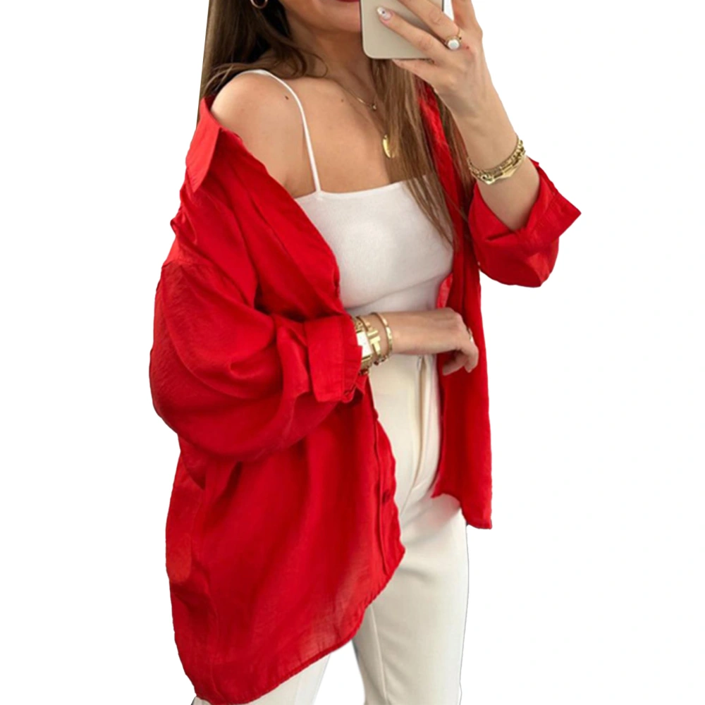 Women Long Sleeve Button Up Shirt Turn Down Collar Plain Color Casual Loose Fit Button Top Red M