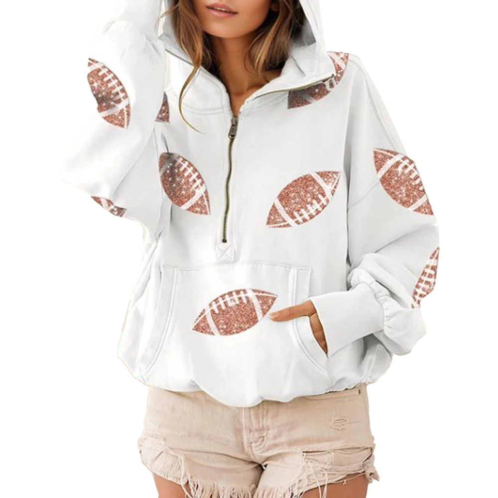 Women Half Zip Sequin Sweatshirt with Pocket Hooded Football Sequin Ribbed Long Sleeve Casual Pullover Sweatshirt White M