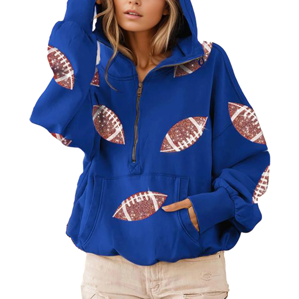 Women Half Zip Sequin Sweatshirt with Pocket Hooded Football Sequin Ribbed Long Sleeve Casual Pullover Sweatshirt Blue XL