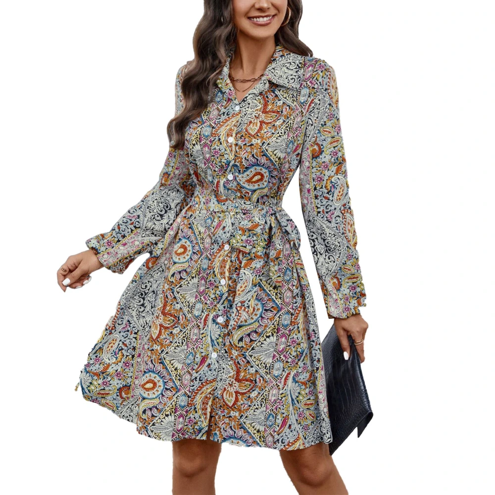 Women Shirt Dress Special Printing Single Breasted Turn Down Collar Long Sleeves Belted Short Dress Black S