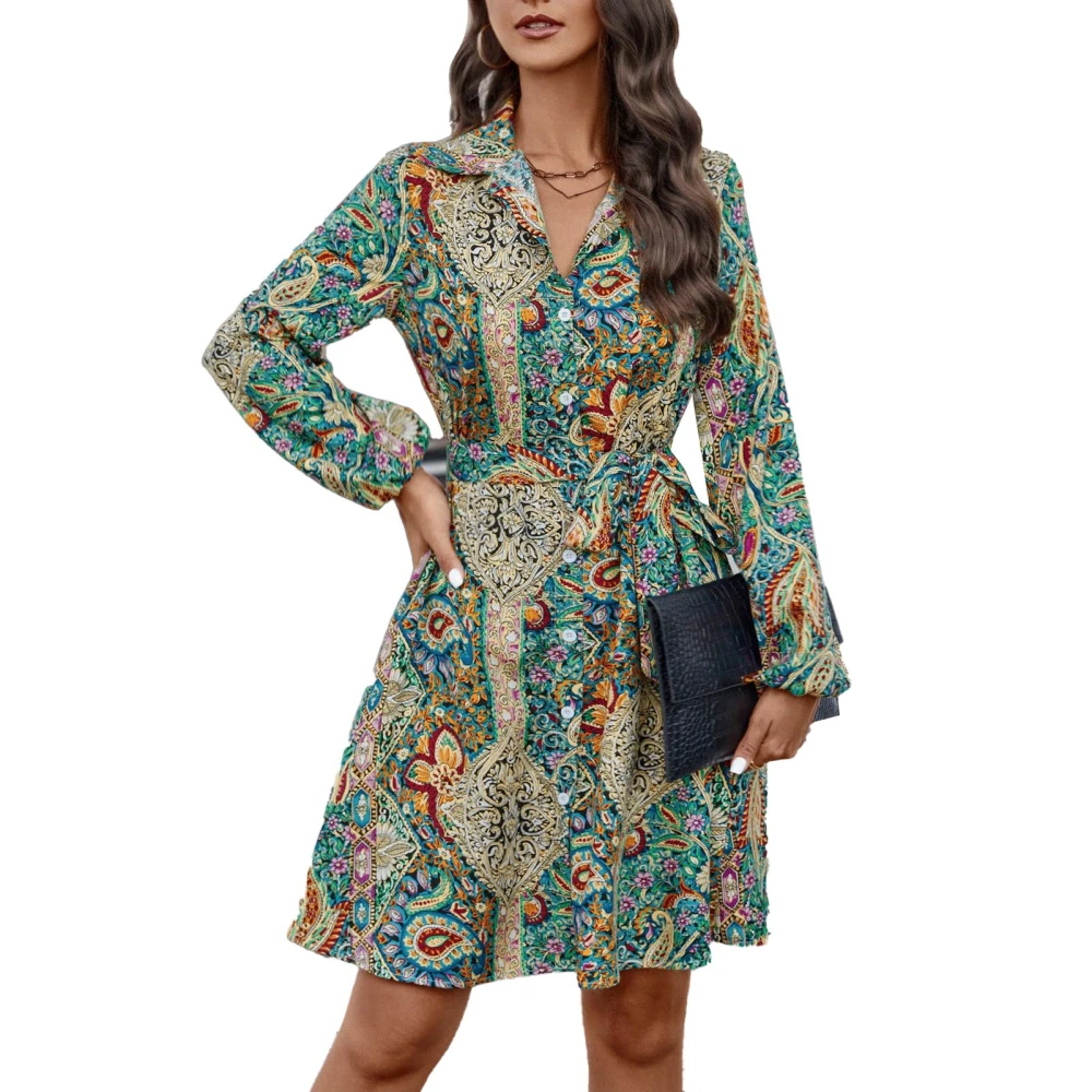 Women Shirt Dress Special Printing Single Breasted Turn Down Collar Long Sleeves Belted Short Dress Green S