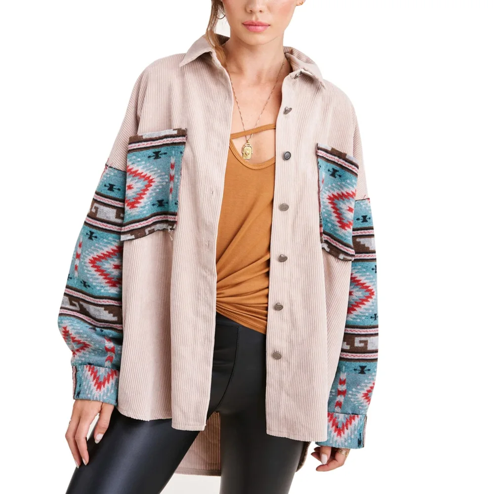 Women Long Sleeve Jacket Fashion Printing Soft Comfortable Casual Cord Fabric Long Sleeve Coat for Spring Autumn Pink M