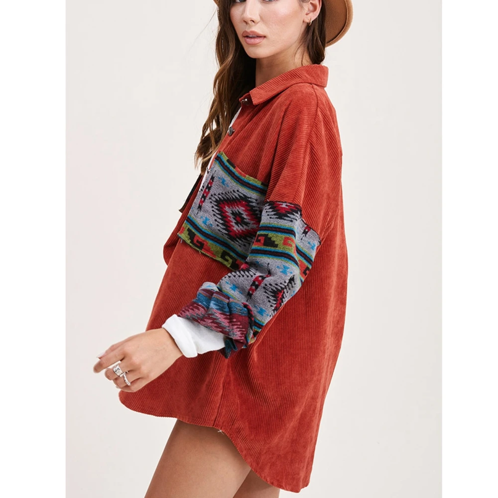 Women Long Sleeve Jacket Fashion Printing Soft Comfortable Casual Cord Fabric Long Sleeve Coat for Spring Autumn Orange S