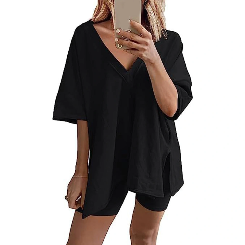 Women Two Piece Tracksuit Set V Neck Short Sleeves T Shirt Loose Fit Shorts Outwear Black XL