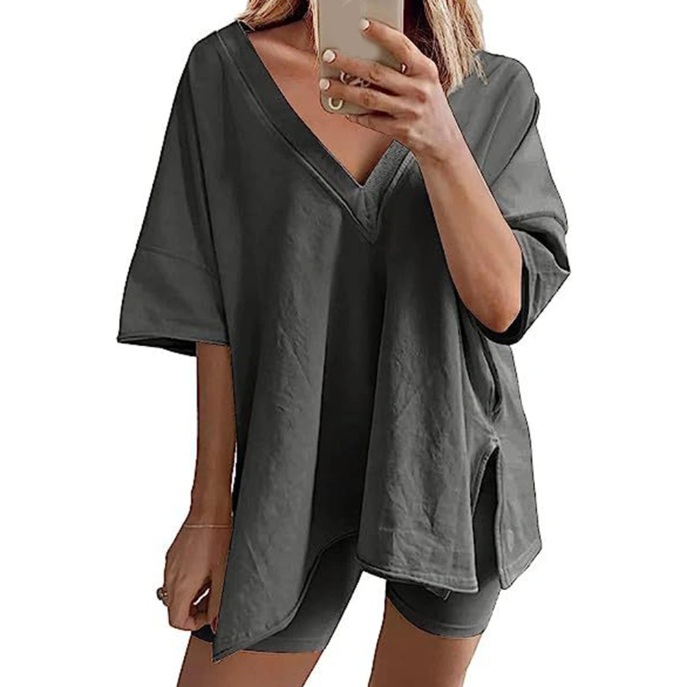 Women Two Piece Tracksuit Set V Neck Short Sleeves T Shirt Loose Fit Shorts Outwear Dark Gray XL