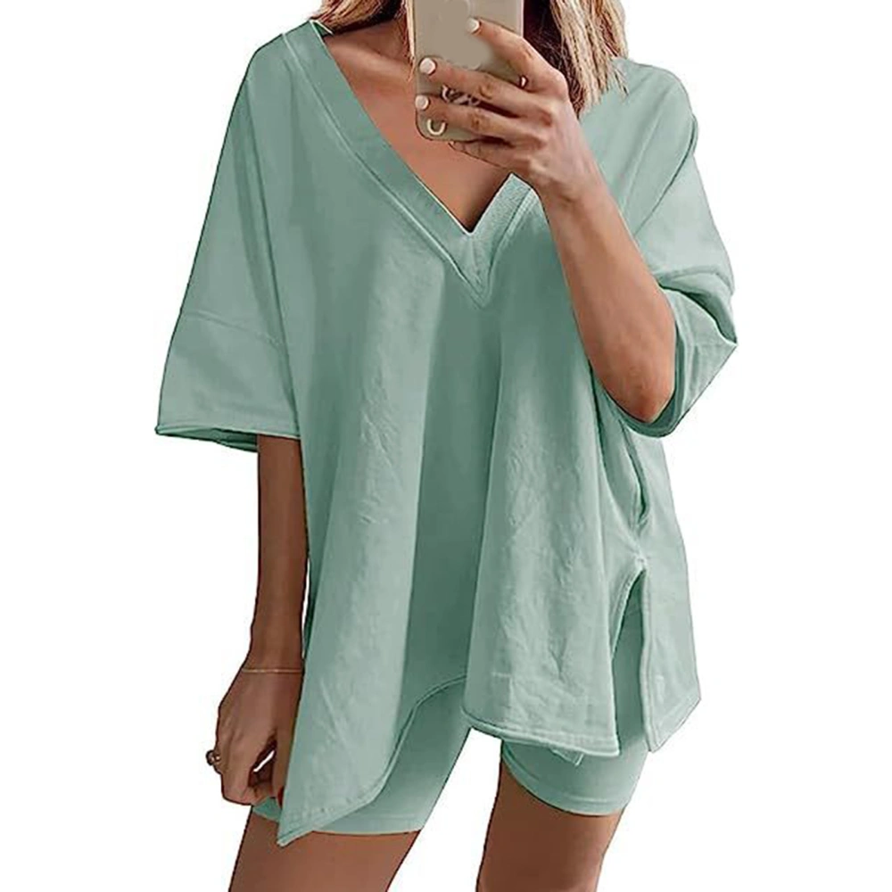 Women Two Piece Tracksuit Set V Neck Short Sleeves T Shirt Loose Fit Shorts Outwear Green L