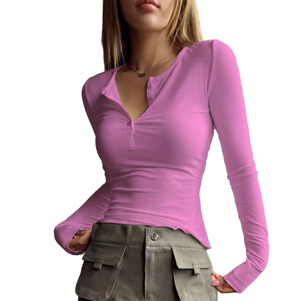 Women V Neck T Shirt Button Front Long Sleeves Pure Color Casual Slim Fitting Blouses Pink S