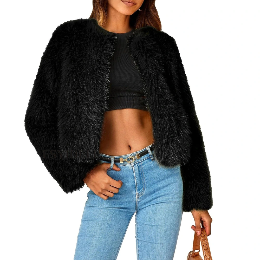 Women Winter Faux Fur Jacket Fashion Open Front Long Sleeve Fleece Jacket Coat for Cold Weather Black L