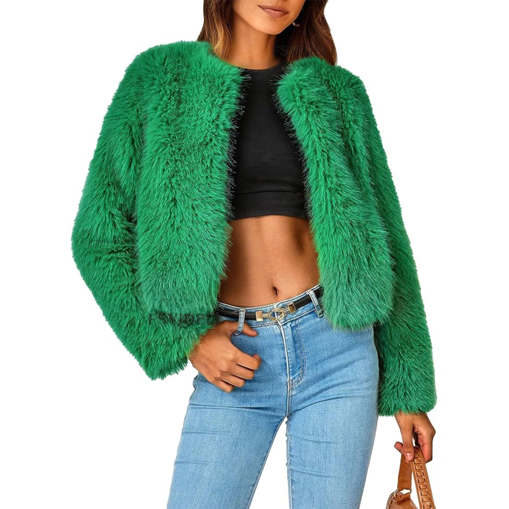 Women Winter Faux Fur Jacket Fashion Open Front Long Sleeve Fleece Jacket Coat for Cold Weather Green L