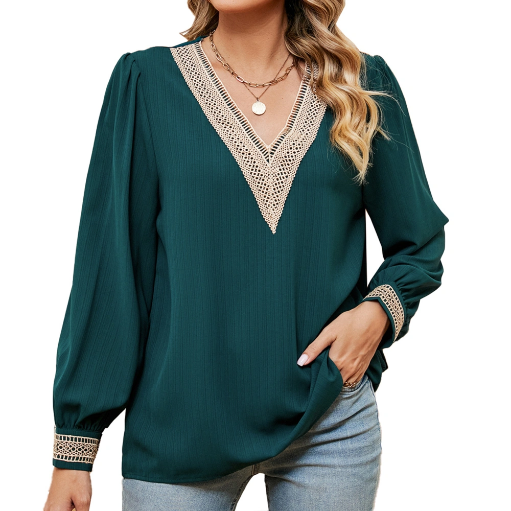 Lace Trim V Neckline Blouse Casual Fitted Long Sleeve Guipure Lace Blouse for Women Dark Green S