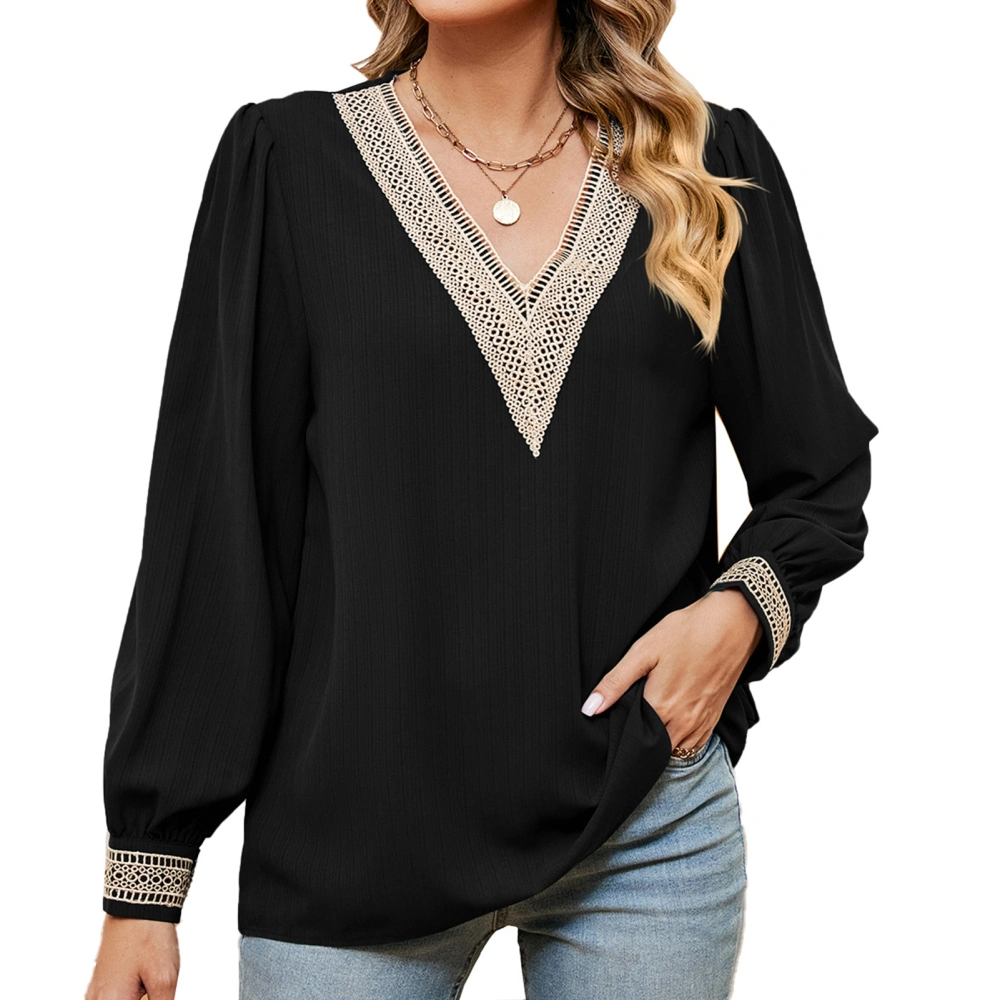 Lace Trim V Neckline Blouse Casual Fitted Long Sleeve Guipure Lace Blouse for Women Black XXL