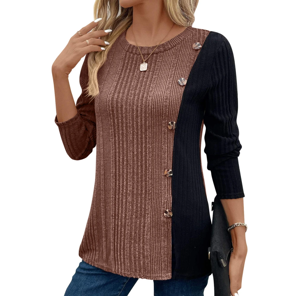 Women Color Block Blouse Button Decor Color Block Blouse Soft Breathable Long Sleeve Pullover Casual Top Brown XL