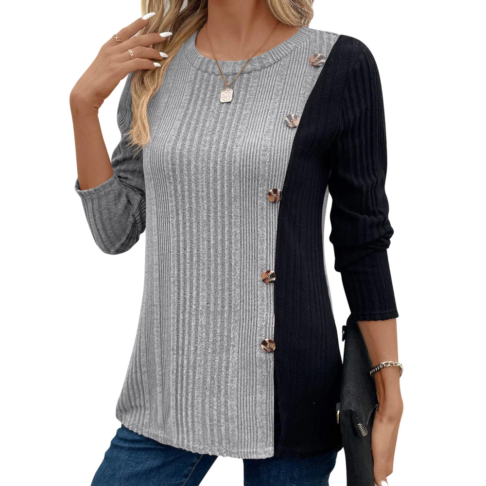 Women Color Block Blouse Button Decor Color Block Blouse Soft Breathable Long Sleeve Pullover Casual Top Light Gray XL