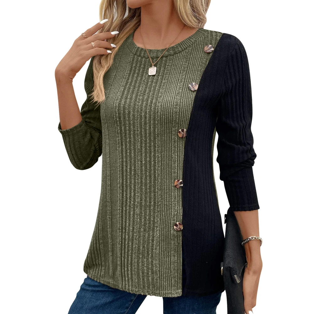 Women Color Block Blouse Button Decor Color Block Blouse Soft Breathable Long Sleeve Pullover Casual Top OD Green L