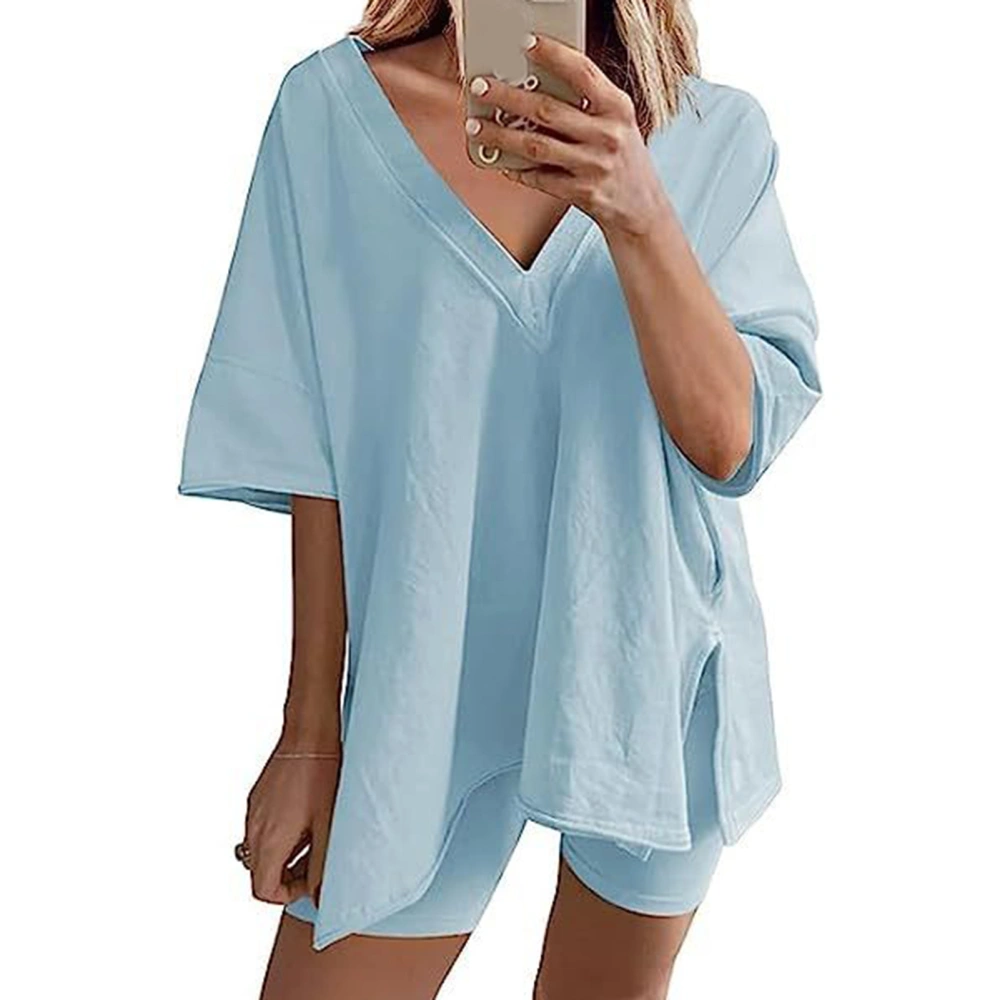 Women Two Piece Tracksuit Set V Neck Short Sleeves T Shirt Loose Fit Shorts Outwear Sky Blue S