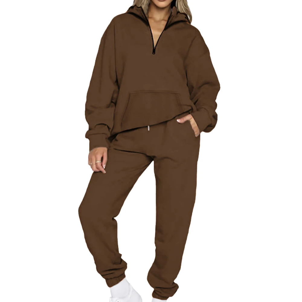 Women Hoodies Solid Sweatshirt Set Half Zip Long Sleeve Pocket Top Elastic Long Pants 2 Piece Outfits Pullover Sweatsuit Set Coffee L