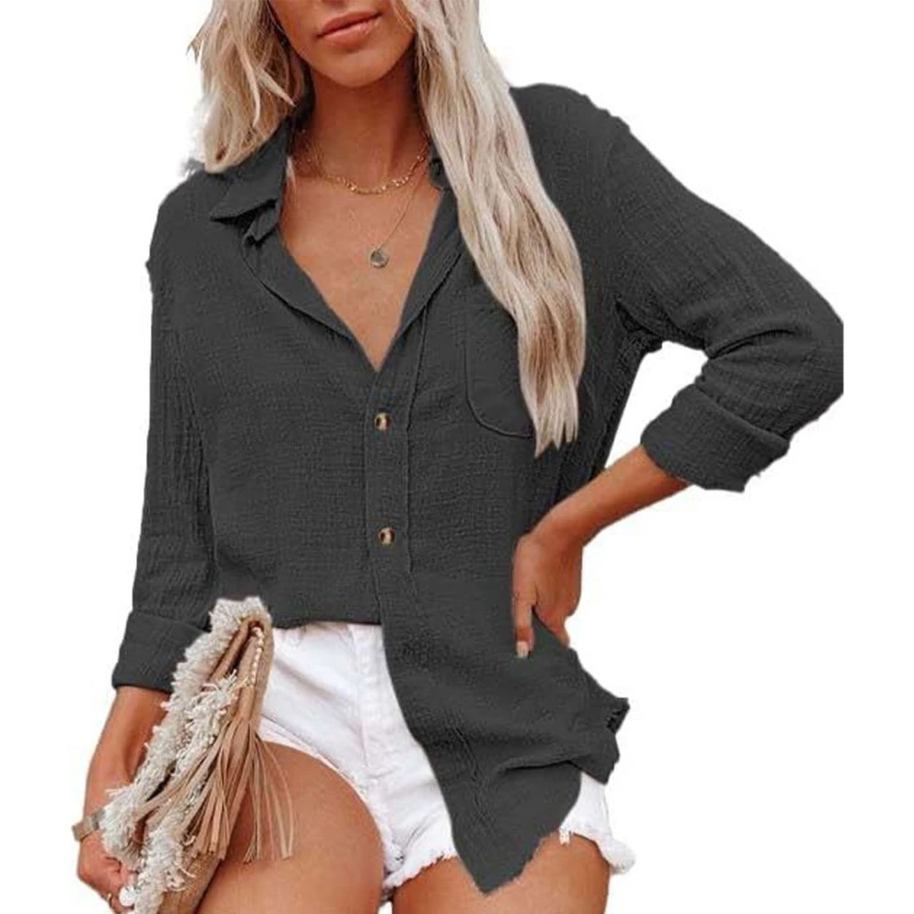 Women Long Sleeve Button Top Casual Turn Down Collar Pure Color Pocket Shirt for Work Daily Life Dark Gray XL