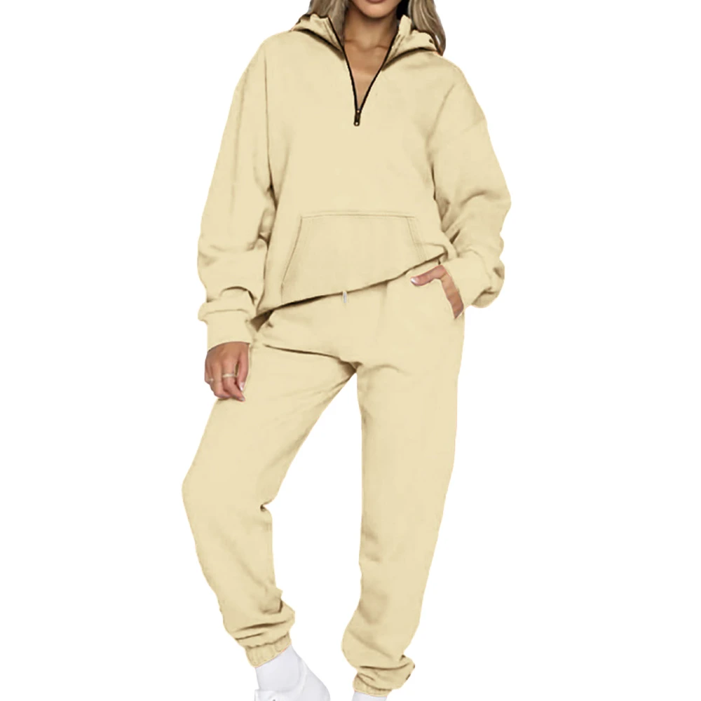 Women Hoodies Solid Sweatshirt Set Half Zip Long Sleeve Pocket Top Elastic Long Pants 2 Piece Outfits Pullover Sweatsuit Set Beige Apricot 2XL