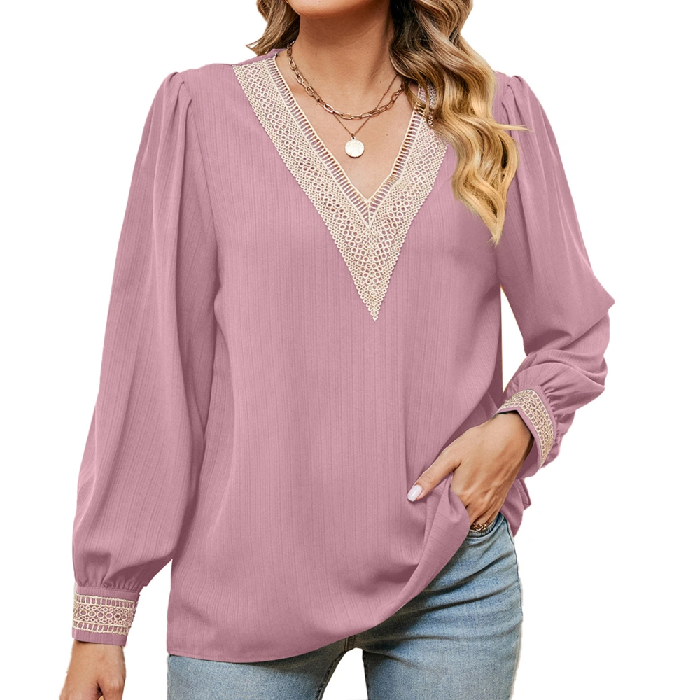 Lace Trim V Neckline Blouse Casual Fitted Long Sleeve Guipure Lace Blouse for Women Pink XL