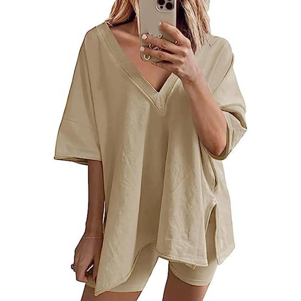 Women Two Piece Tracksuit Set V Neck Short Sleeves T Shirt Loose Fit Shorts Outwear Khaki XXL