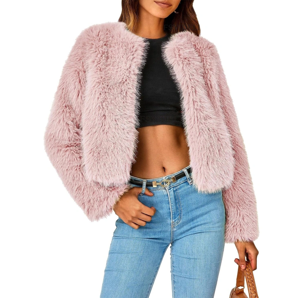 Women Winter Faux Fur Jacket Fashion Open Front Long Sleeve Fleece Jacket Coat for Cold Weather Pink M