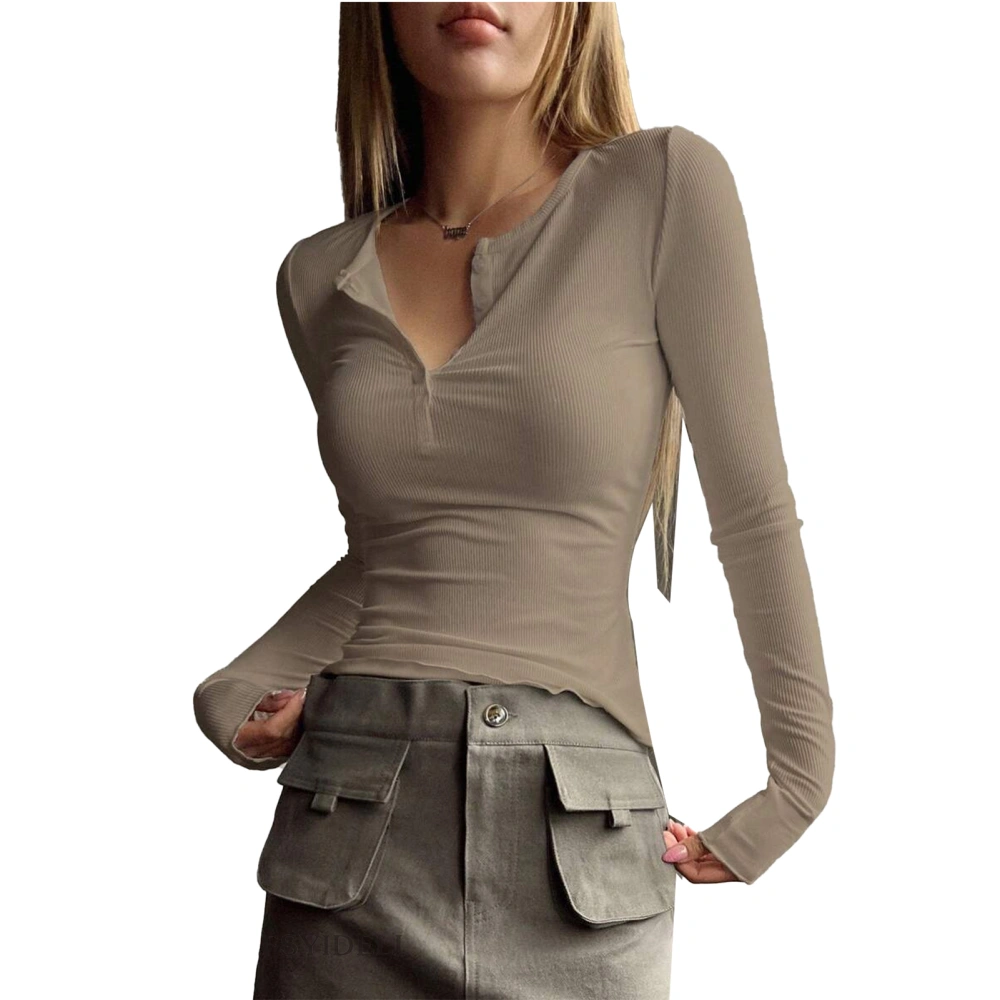 Women V Neck T Shirt Button Front Long Sleeves Pure Color Casual Slim Fitting Blouses Khaki XL