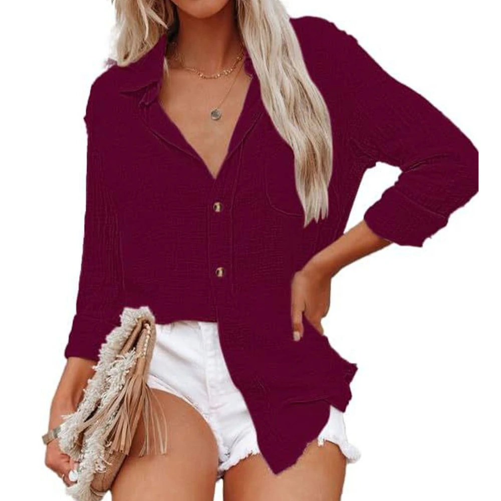 Women Long Sleeve Button Top Casual Turn Down Collar Pure Color Pocket Shirt for Work Daily Life Wine Red M