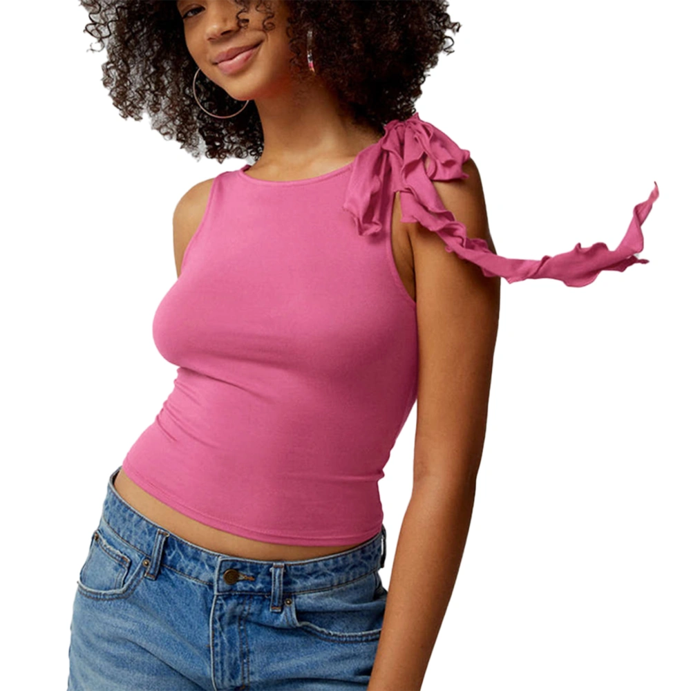 Women Ruched Tank Top Crew Neck Slim Fit Backless Plain Color Sleeveless Pullover Ruffle Shirt Pink XL