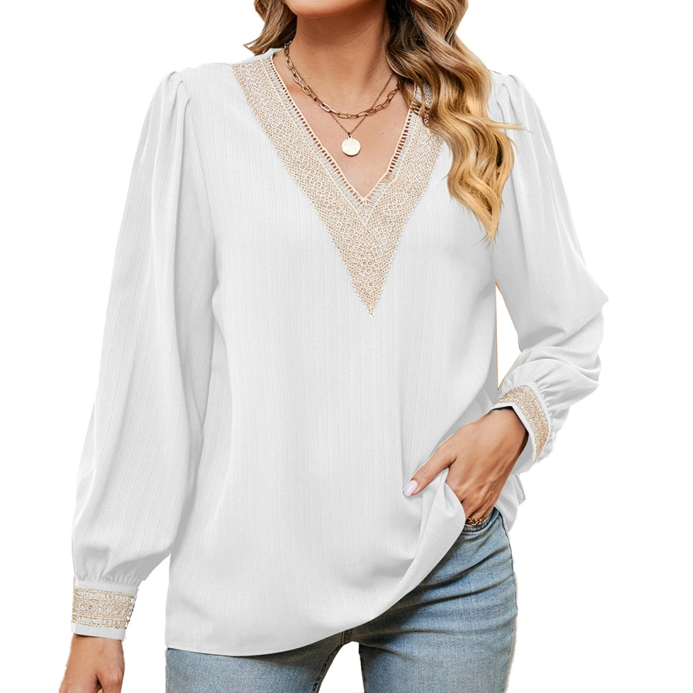 Lace Trim V Neckline Blouse Casual Fitted Long Sleeve Guipure Lace Blouse for Women White M