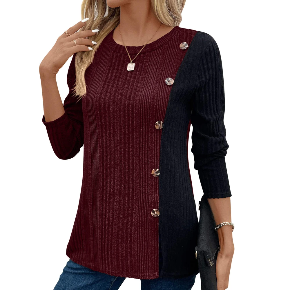 Women Color Block Blouse Button Decor Color Block Blouse Soft Breathable Long Sleeve Pullover Casual Top Dark Red XXL