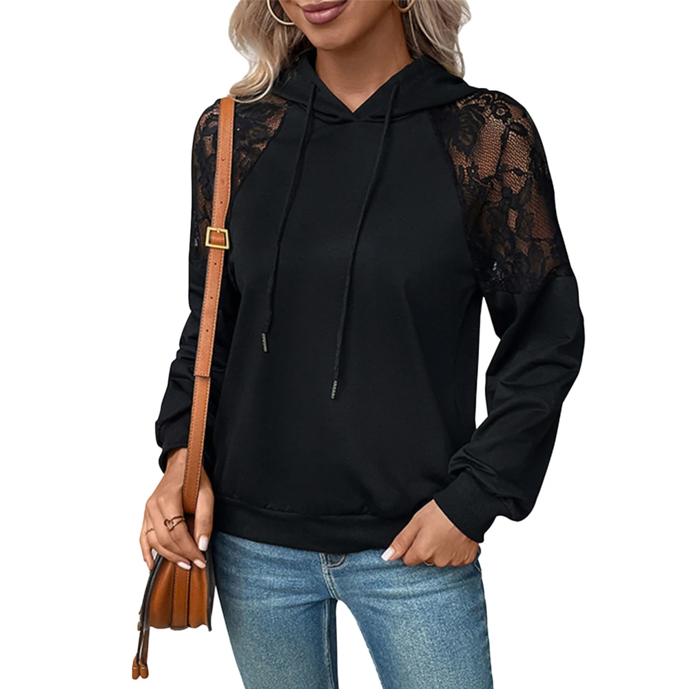 Women Hoodies Lace Splicing Shoulder Long Sleeves Loose Fitting Pure Color Casual Pullover Top Black XL