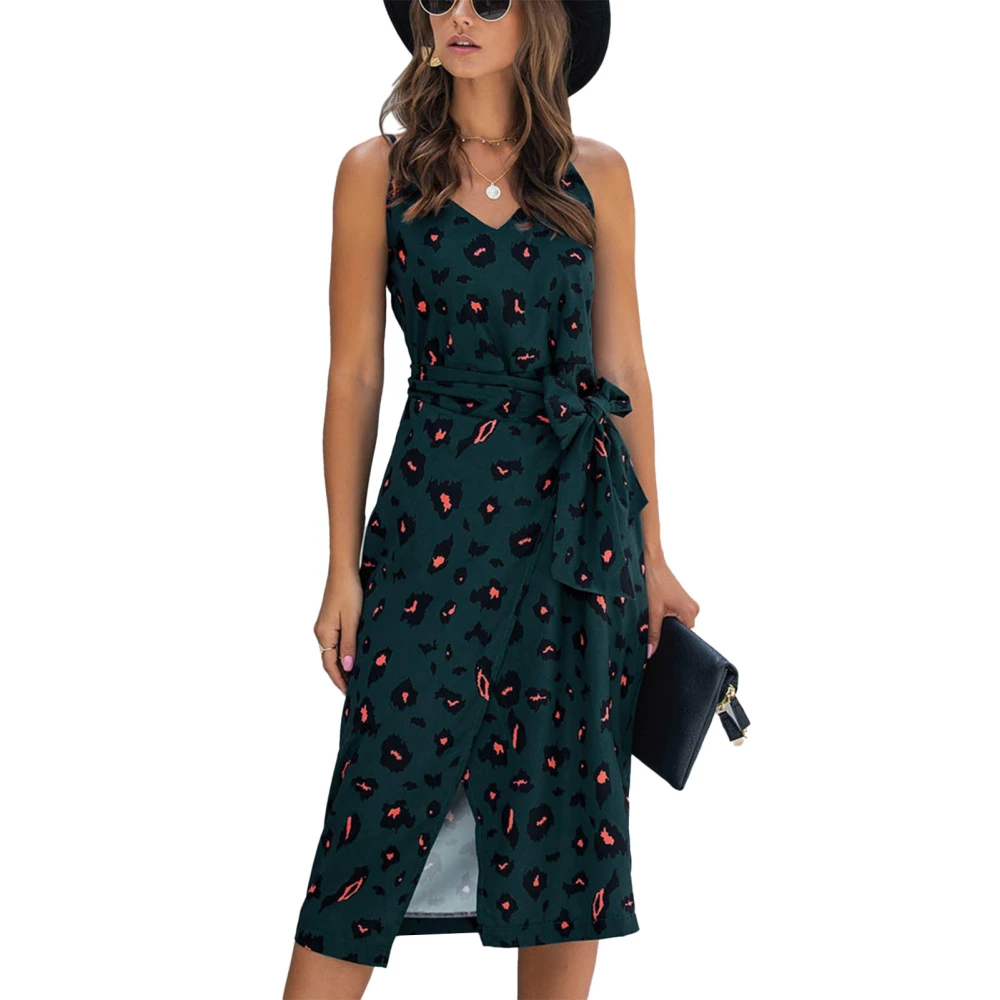 Women Spaghetti Strap Dress V Neck Wrap Slit Hem Belted Summer Printing Midi Dress Green M