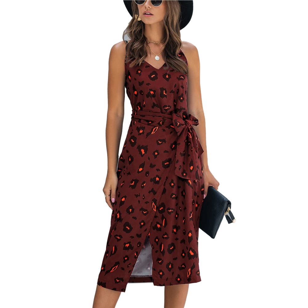 Women Spaghetti Strap Dress V Neck Wrap Slit Hem Belted Summer Printing Midi Dress Burgundy M