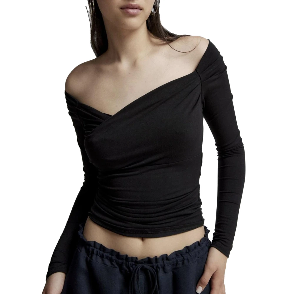 Ruched Off Shoulder Blouse Navel Exposed Long Sleeve Slim Fitted Plain Color Off Shoulder Blouse Black M