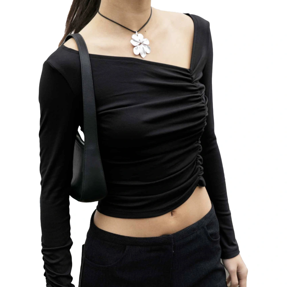 Women Ruched Front Short Top Irregular Neckline Long Sleeves Casual Slim Fitting Blouses Black S