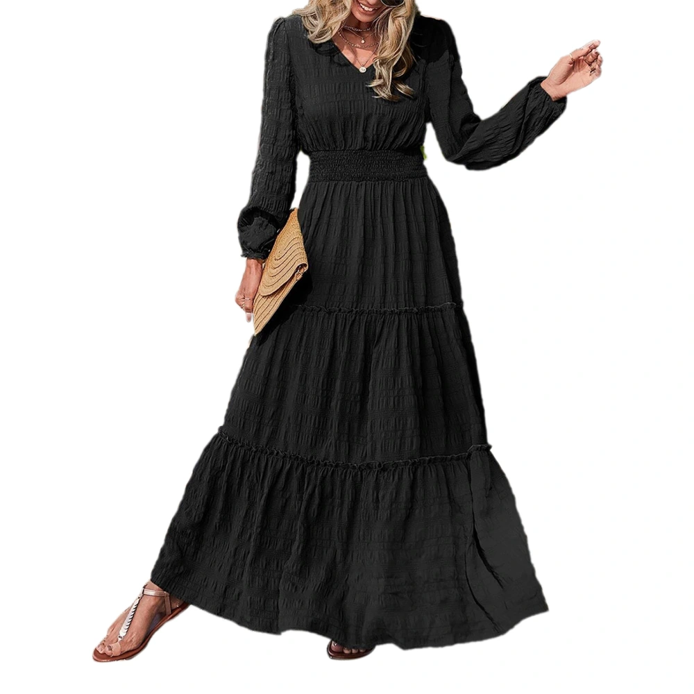 Women V Neck Maxi Dress Elastic Waist Ruffle Hem Pure Color Casual Long Sleeves Dress for Daily Wear Black S