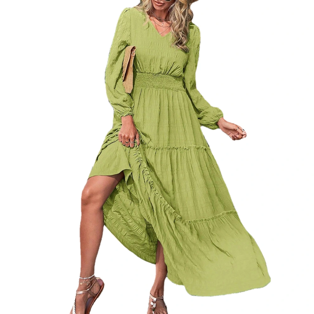 Women V Neck Maxi Dress Elastic Waist Ruffle Hem Pure Color Casual Long Sleeves Dress for Daily Wear Green L