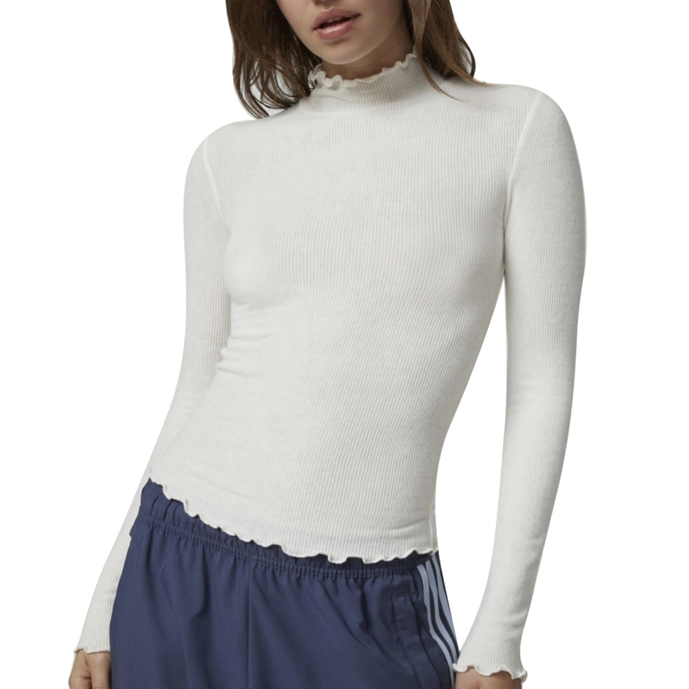 Women Turtleneck Slim Fit Top Frill Trim Ribbed Casual Basic Layering Slim Fit Top White L