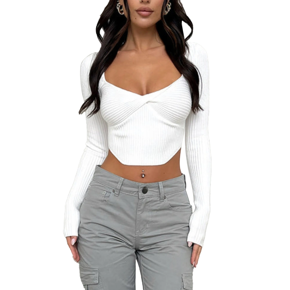 Long Sleeve Crop Top Irregular Hem Slim Fit Twist Front Long Sleeve Ribbed Shirt For Daily Life White S