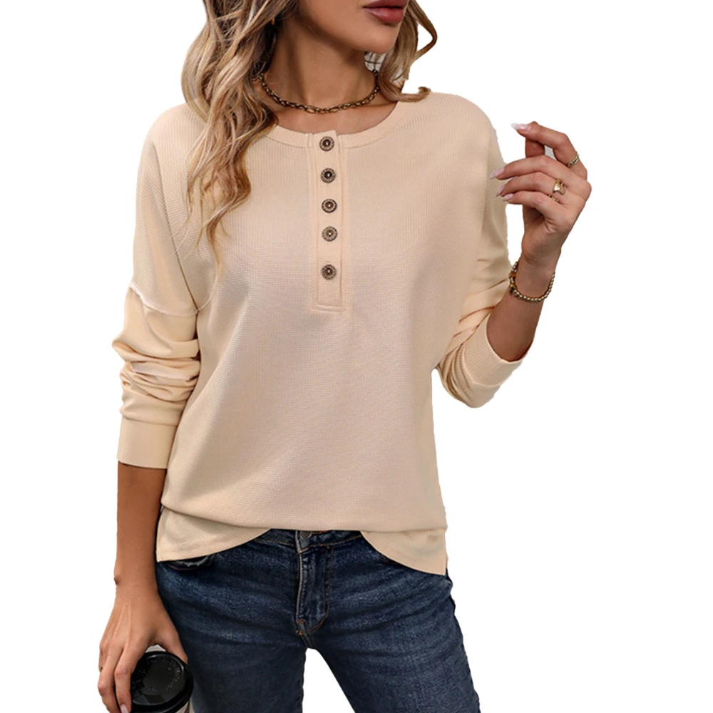 Women Round Neck Solid Knit Blouse Half Button Closure Round Neck Loose Blouse Long Sleeve Pure Color Casual Knitted Top Beige L