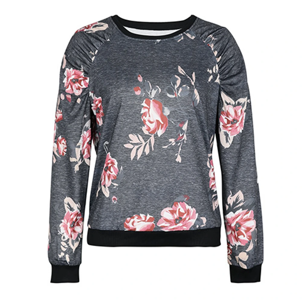 Long Sleeve Top Women Casual Plants Flower Printed Pleated Round Neck Loose Clothing Dark Gray S