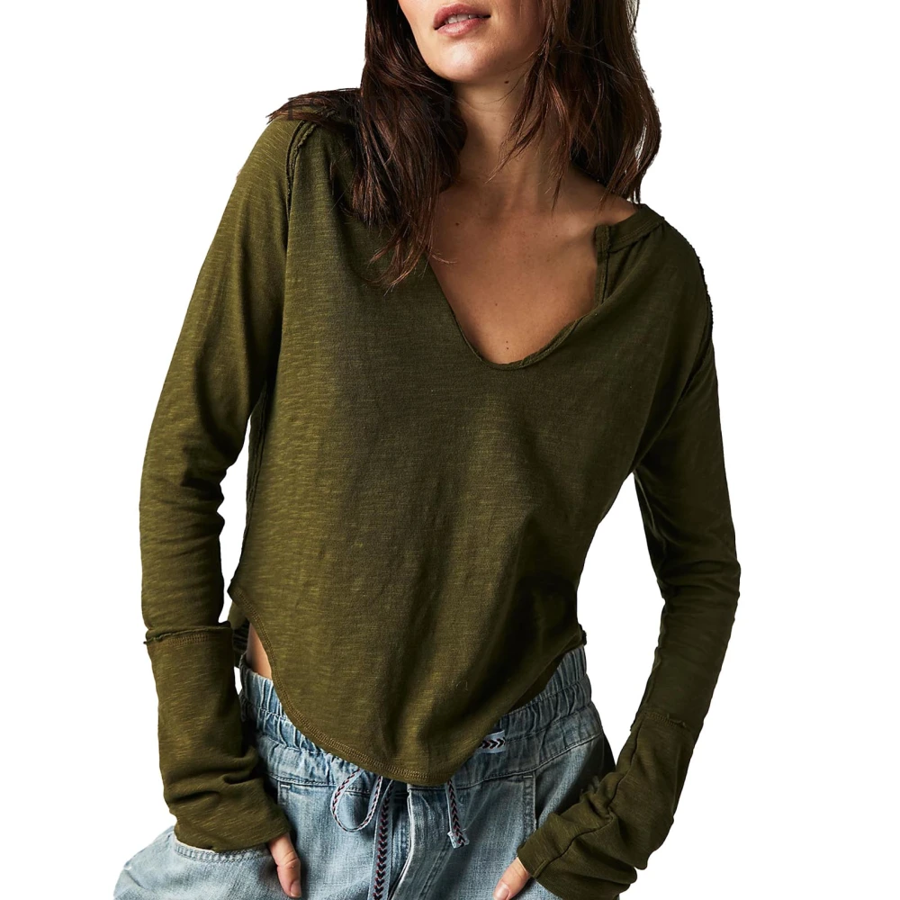 Long Sleeve Basic Tee Shirt V Neckline Asymmetrical Hem Plain Color Loose Fitted Basic Tee Shirt OD Green M