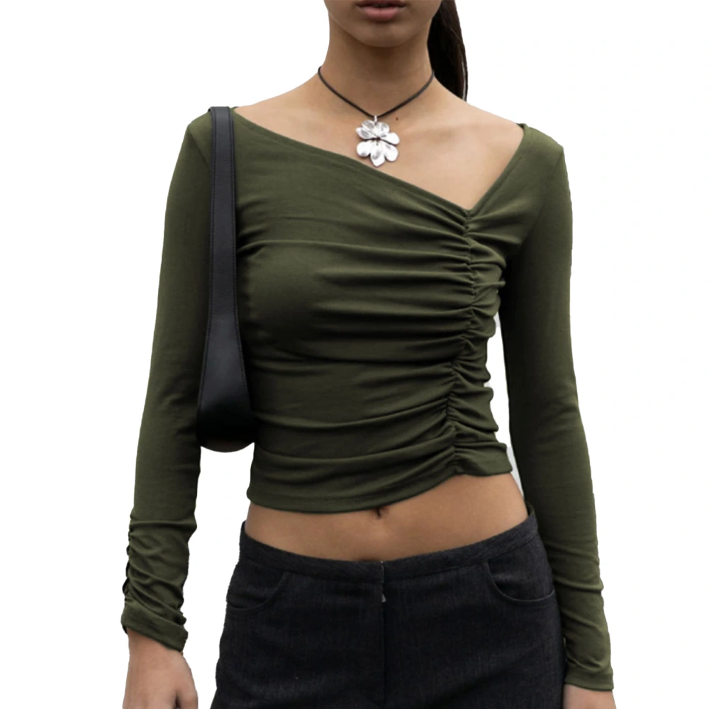 Women Ruched Front Short Top Irregular Neckline Long Sleeves Casual Slim Fitting Blouses OD Green S