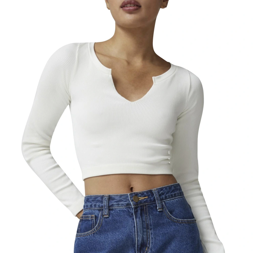 Women Long Sleeve Cropped Top Small V Neck Slim Fit Pure Color Fashion Versatile Elastic Short Top White M