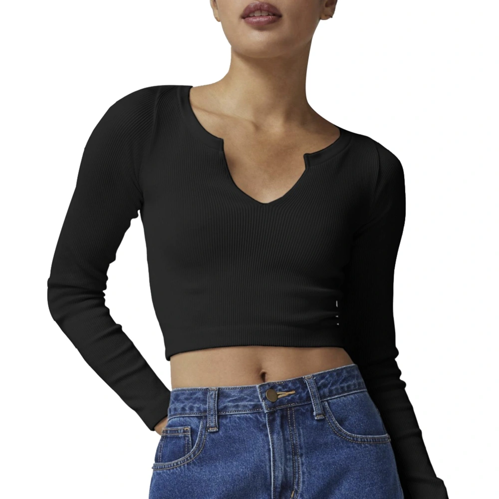 Women Long Sleeve Cropped Top Small V Neck Slim Fit Pure Color Fashion Versatile Elastic Short Top Black S