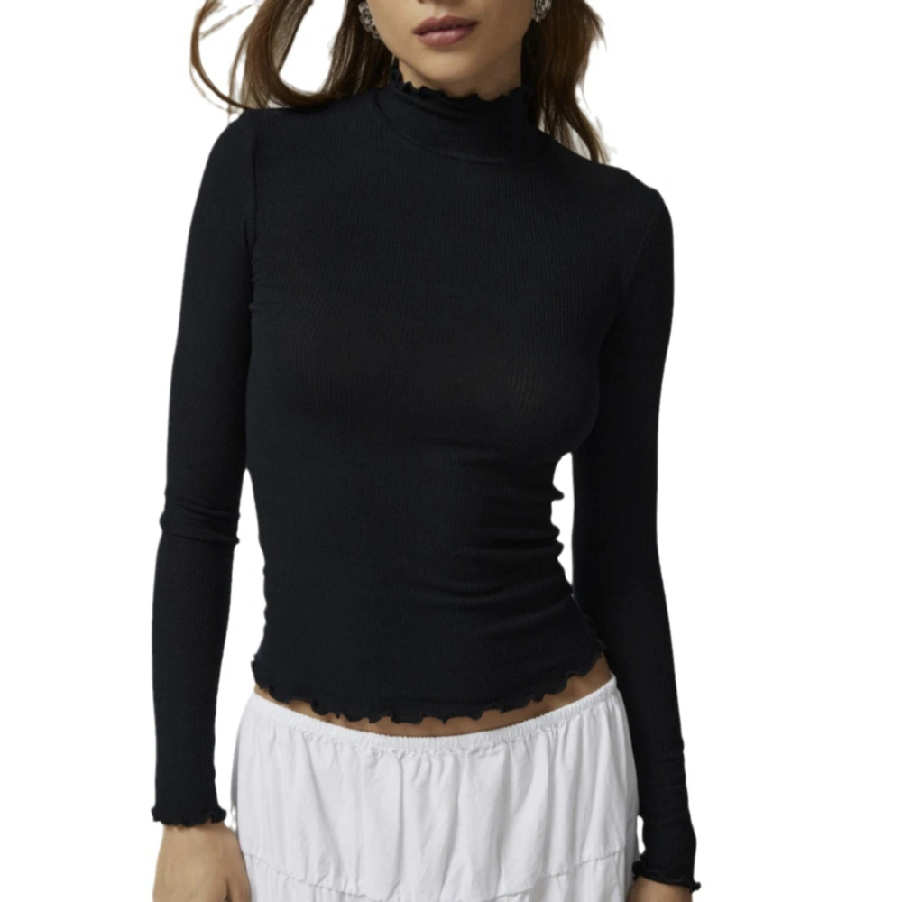 Women Turtleneck Slim Fit Top Frill Trim Ribbed Casual Basic Layering Slim Fit Top Black S