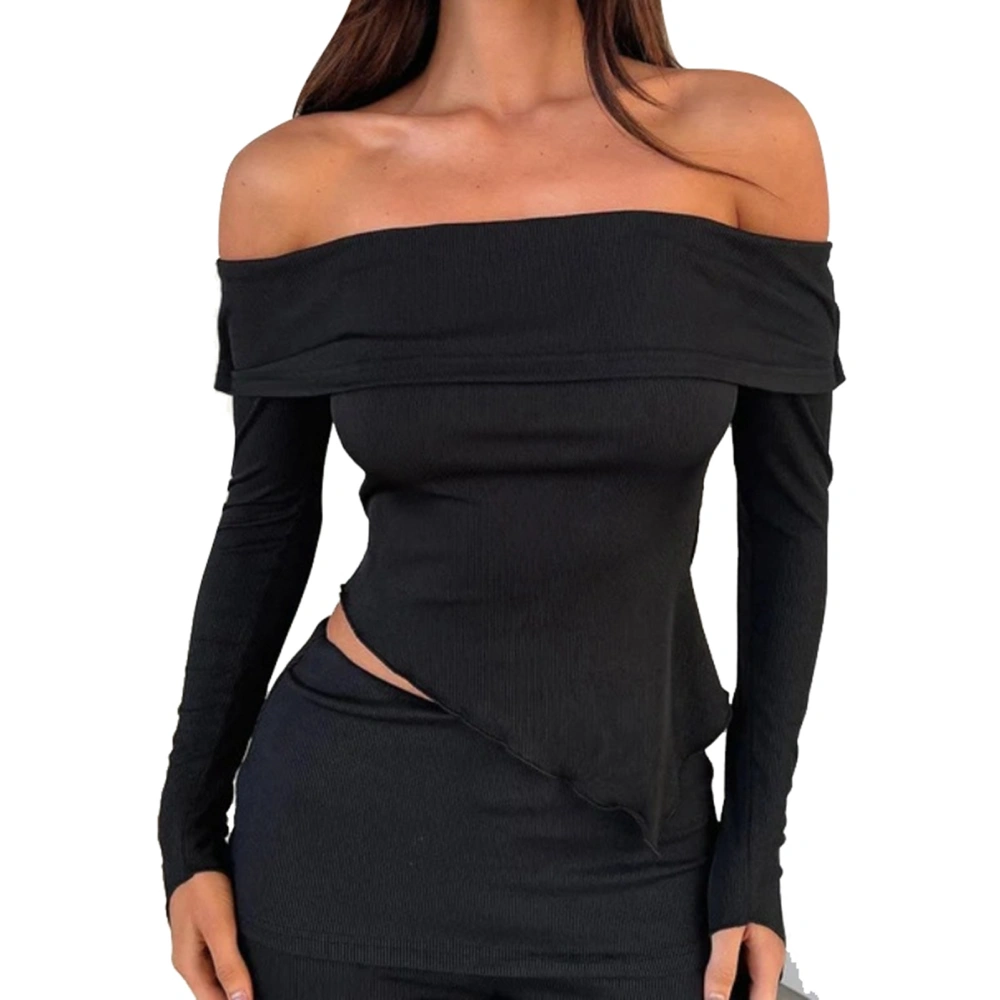 Women Off Shoulder Blouse Fashionable Long Sleeve Irregular Hem Stretchy Shirts for Work Shopping Black L