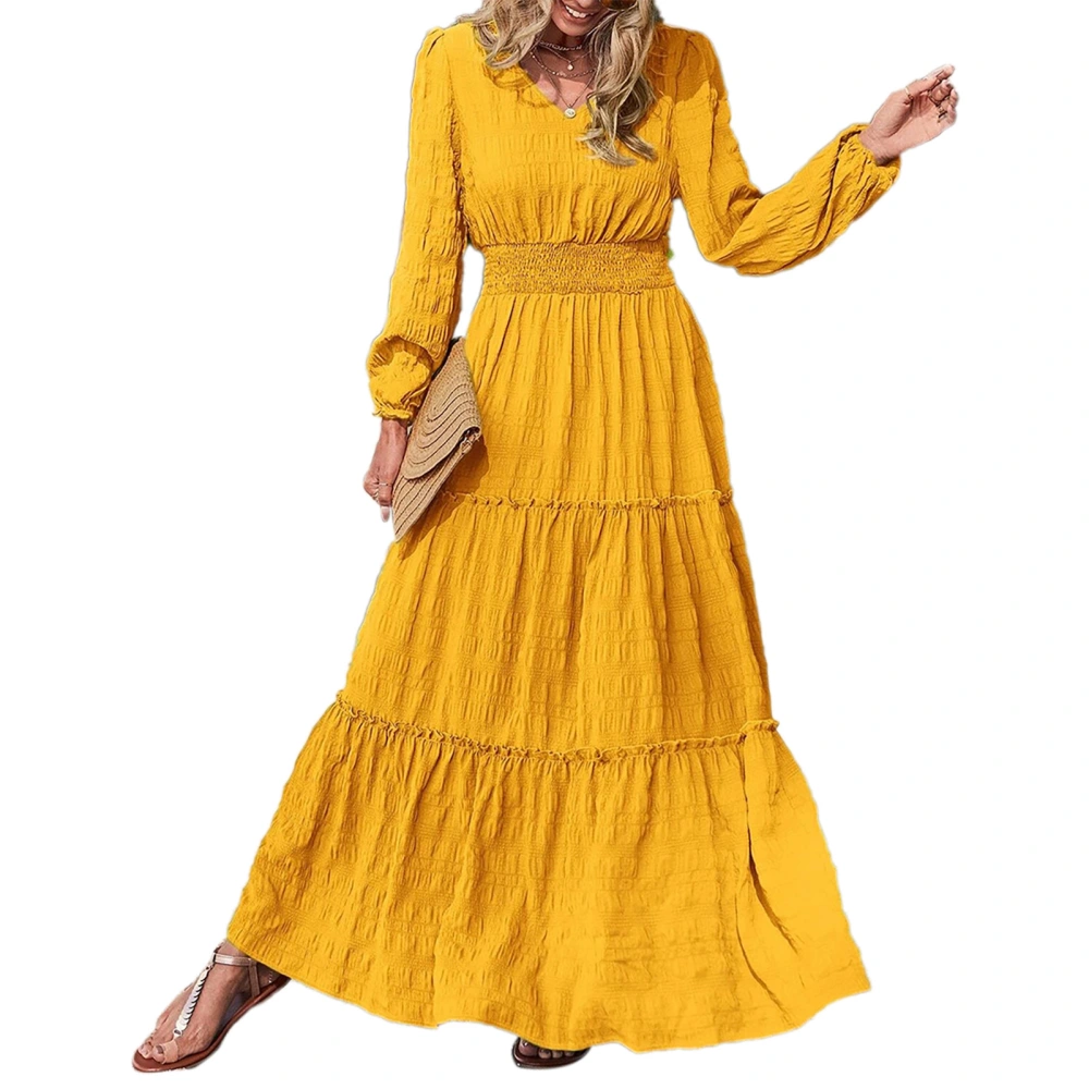 Women V Neck Maxi Dress Elastic Waist Ruffle Hem Pure Color Casual Long Sleeves Dress for Daily Wear Ginger Yellow L