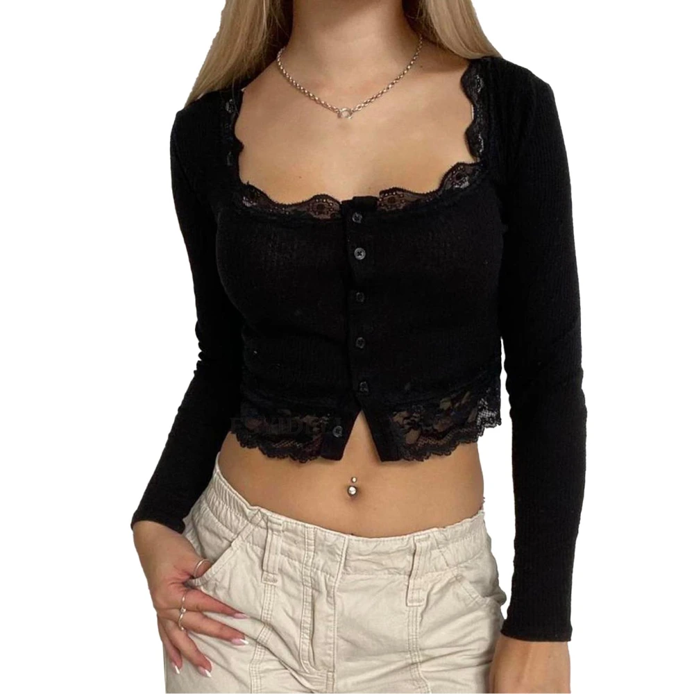 Women Top Lace Stitching Front Button Long Sleeve Plain Slim Fit Cropped Blouse for Work Parties Black L