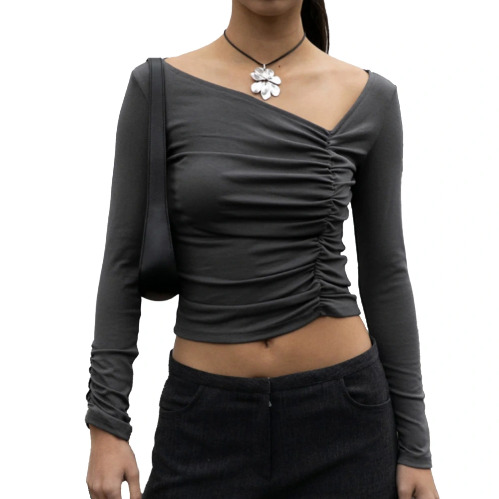 Women Ruched Front Short Top Irregular Neckline Long Sleeves Casual Slim Fitting Blouses Grey M